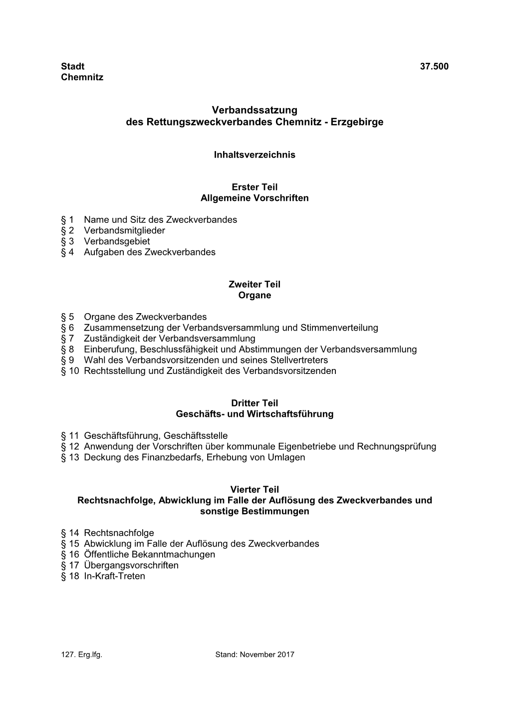 Verbandssatzung Des Rettungszweckverbandes Chemnitz - Erzgebirge