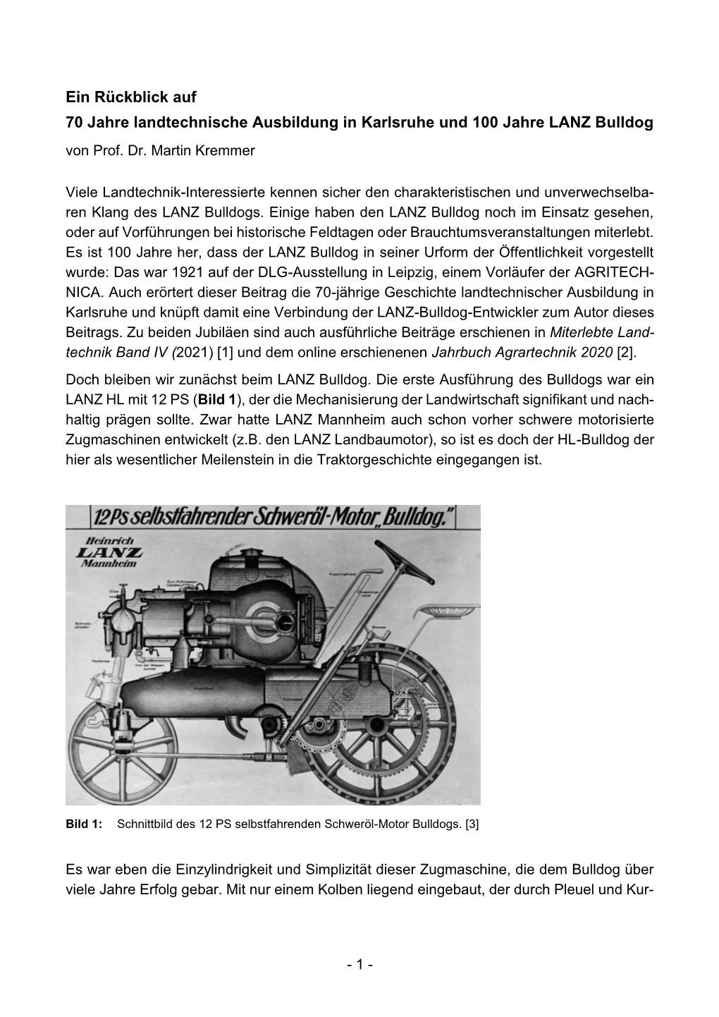 Ein Rückblick Auf 70 Jahre Landtechnische Ausbildung in Karlsruhe Und 100 Jahre LANZ Bulldog Von Prof