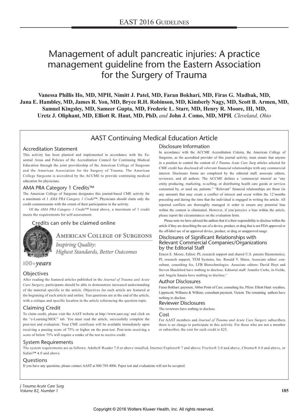 Management of Adult Pancreatic Injuries: a Practice Management Guideline from the Eastern Association for the Surgery of Trauma