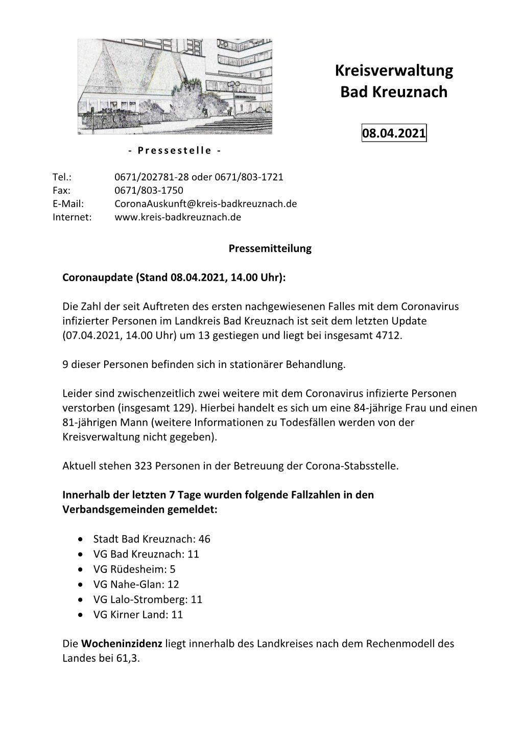 Pressemitteilung "Coronaupdate" Vom 08.04.2021