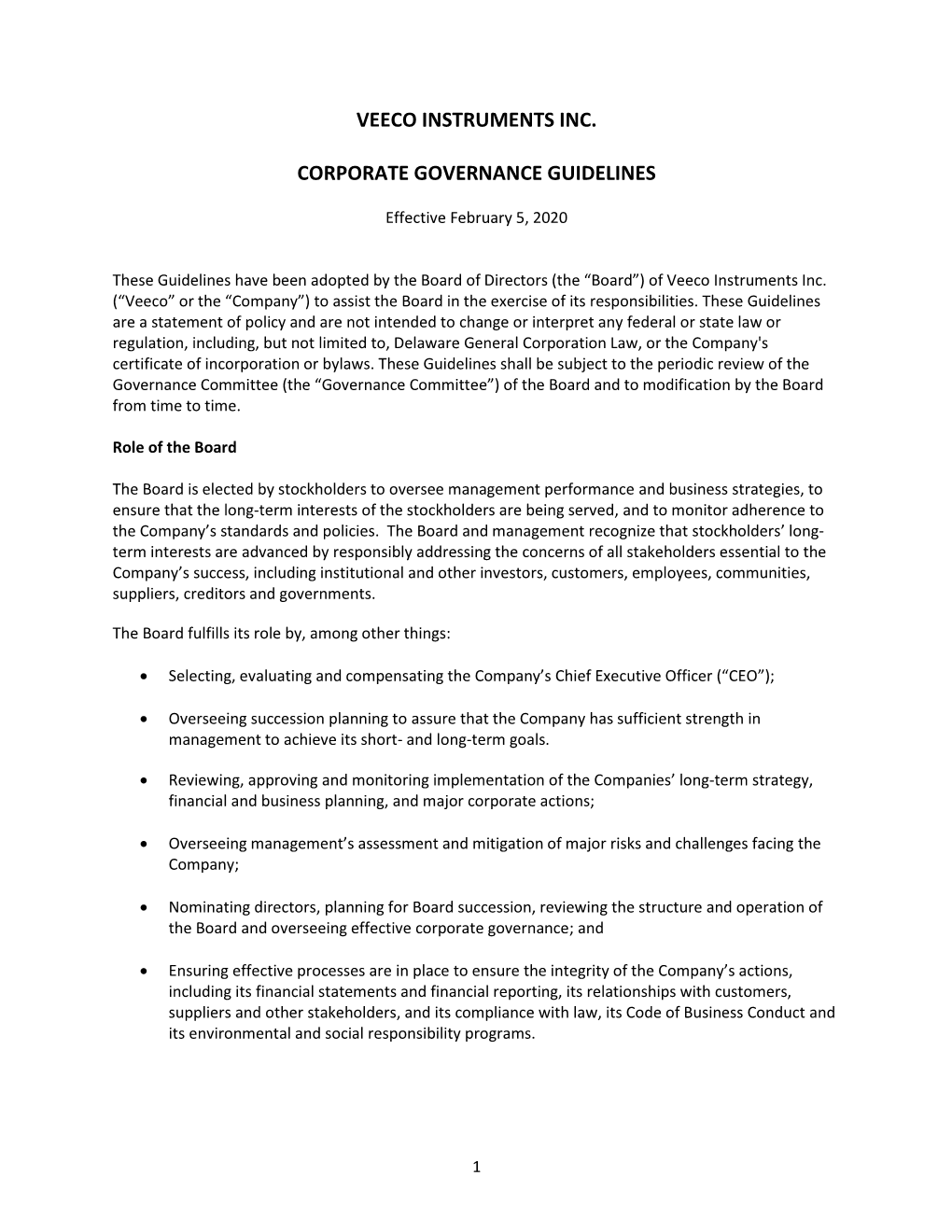 Veeco Instruments Inc. Corporate Governance