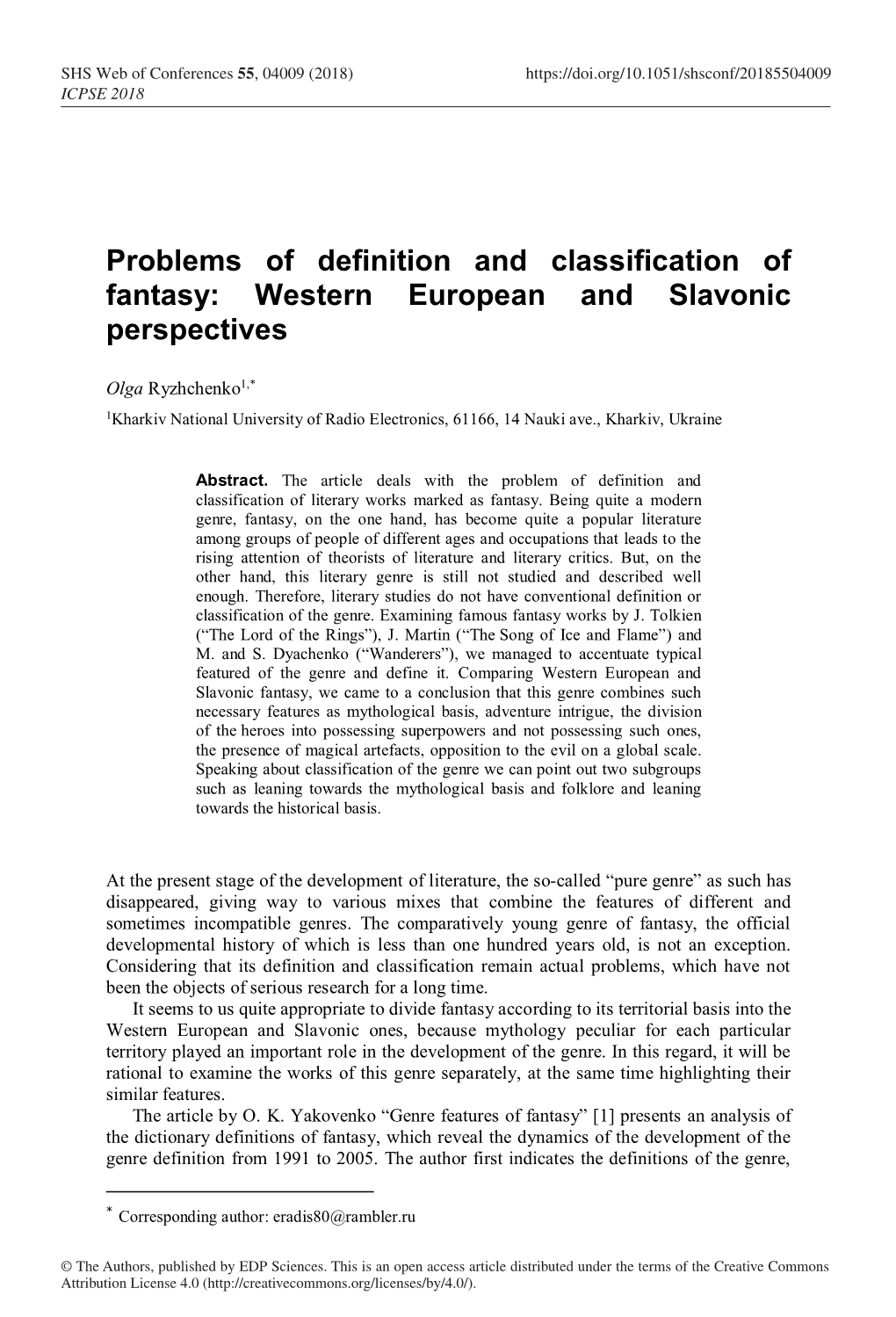 Problems of Definition and Classification of Fantasy: Western European and Slavonic Perspectives