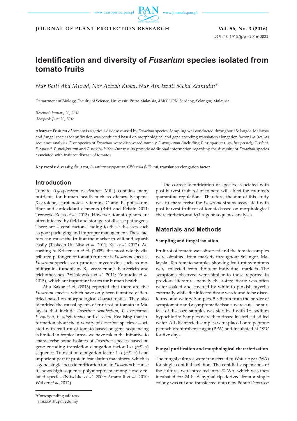 Identification and Diversity of Fusarium Species Isolated from Tomato Fruits