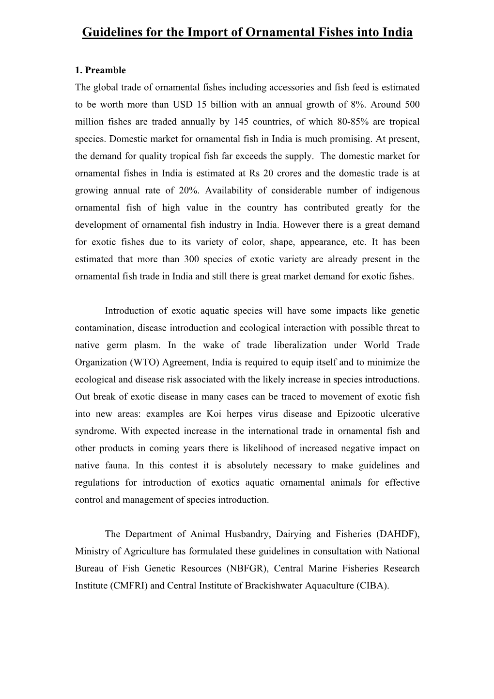 Guidelines for the Import of Ornamental Fishes Into India