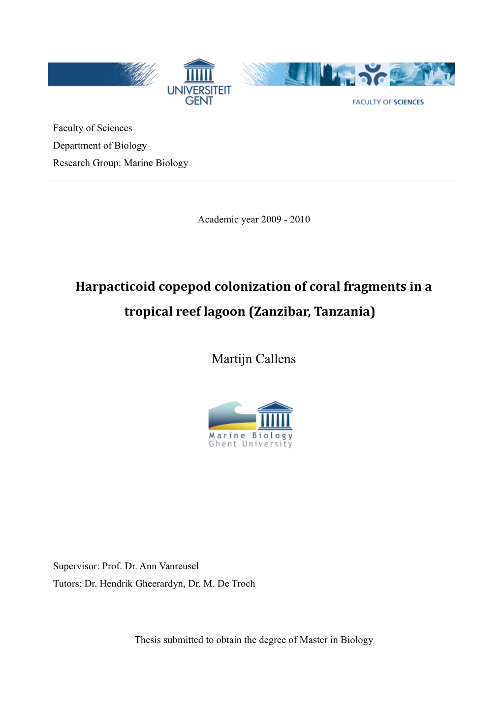 Harpacticoid Copepod Colonization of Coral Fragments in a Tropical Reef Lagoon (Zanzibar, Tanzania)