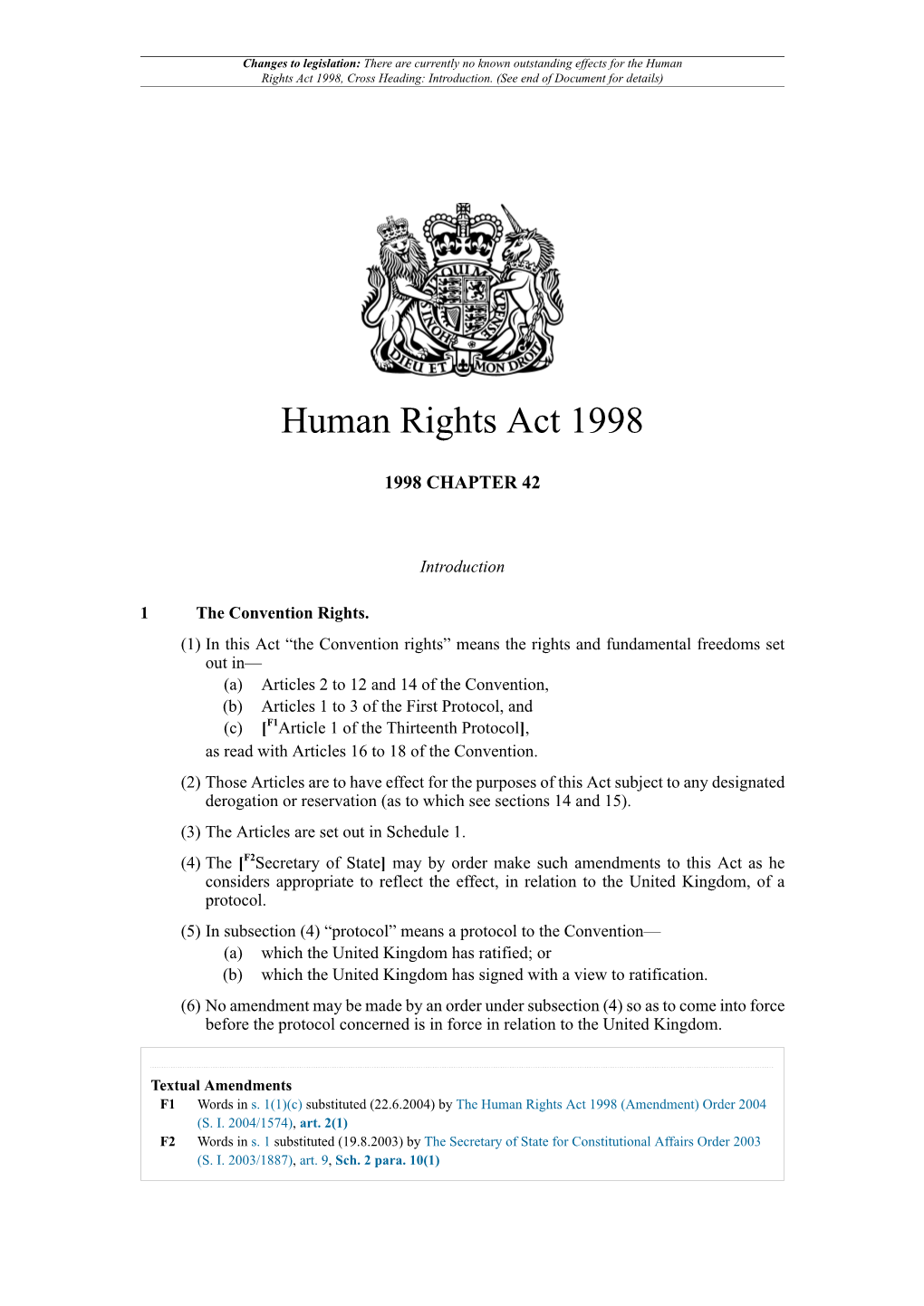 Human Rights Act 1998, Cross Heading: Introduction