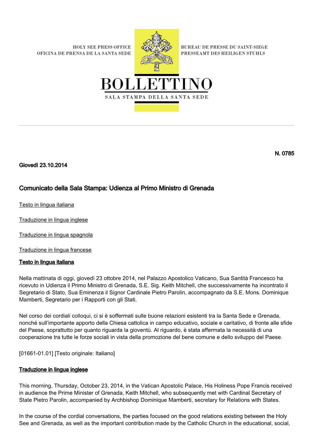 Comunicato Della Sala Stampa: Udienza Al Primo Ministro Di Grenada