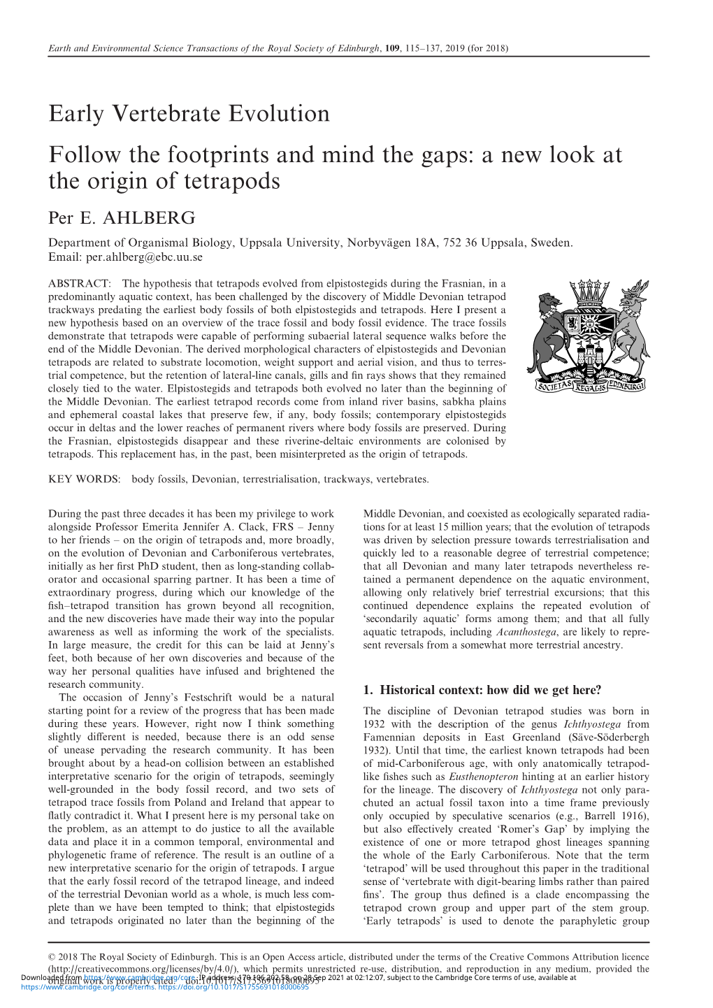 Early Vertebrate Evolution Follow the Footprints and Mind the Gaps: a New Look at the Origin of Tetrapods Per E