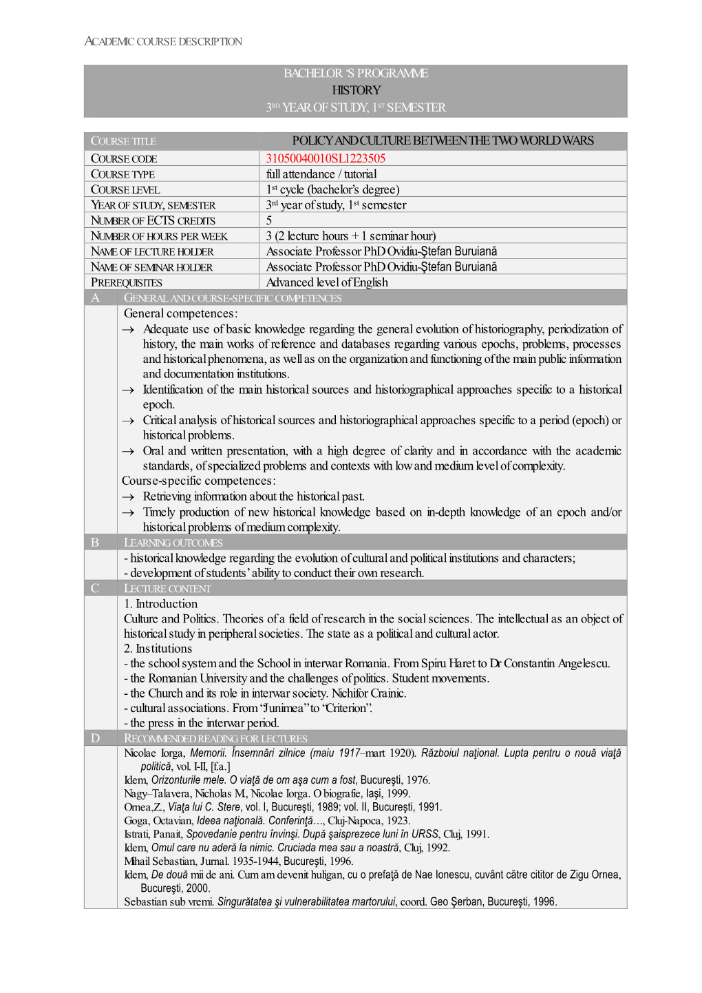 Bachelor 'S Programme History 3Rd Year of Study, 1