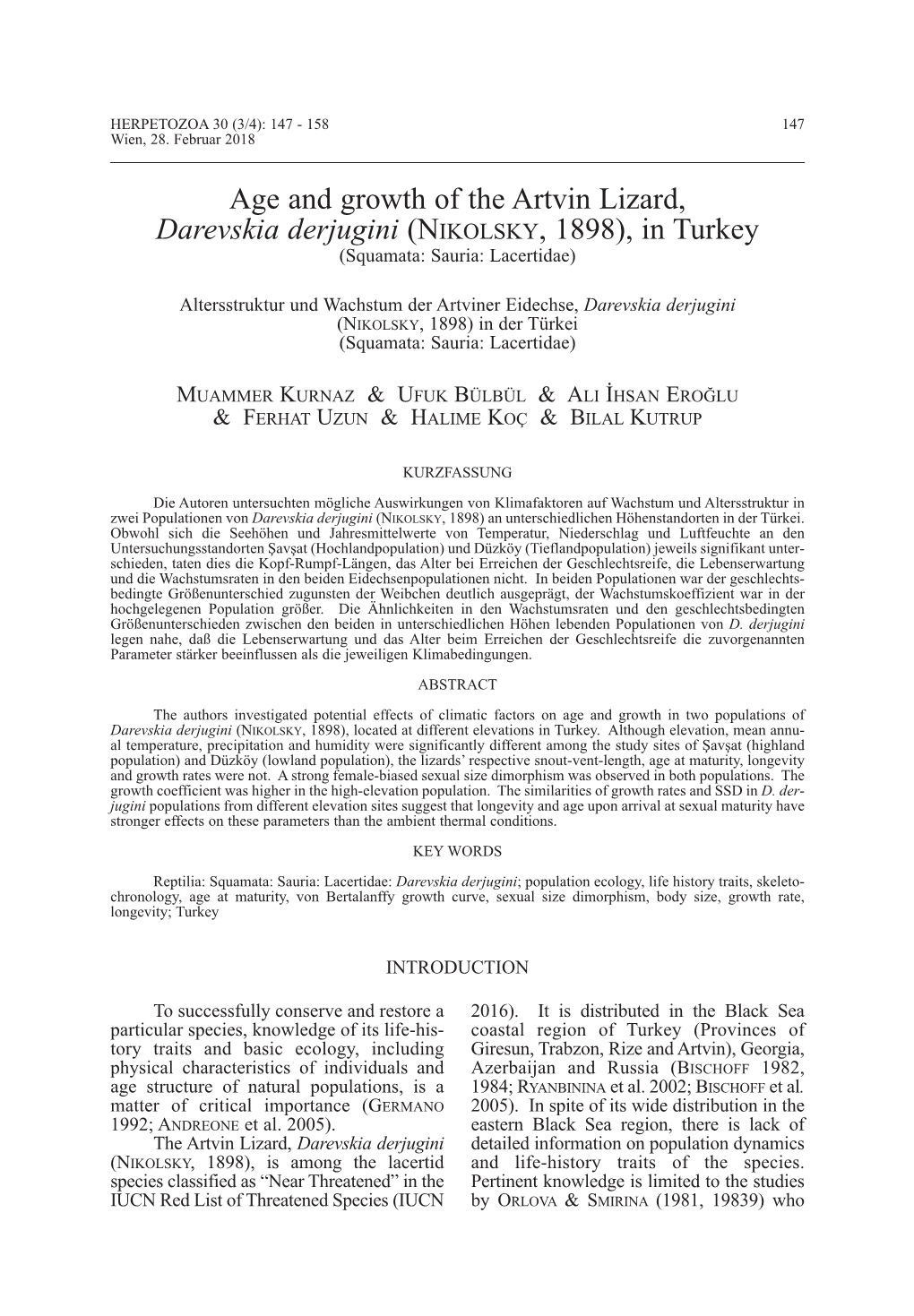 Darevskia Derjugini (NIKOLSKY, 1898), in Turkey (Squamata: Sauria: Lacertidae)