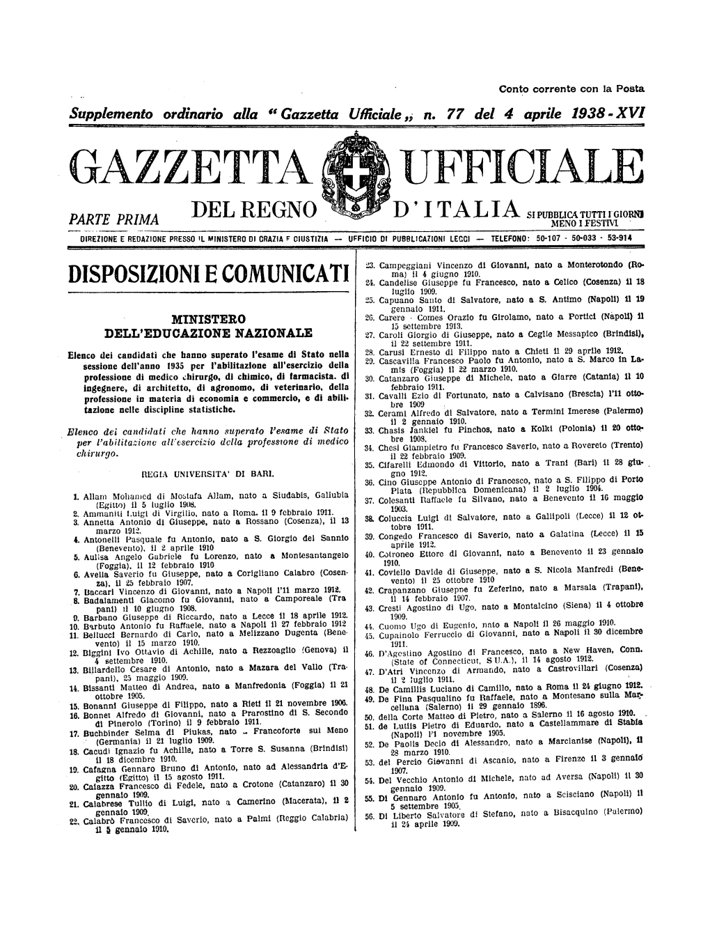 Gazzetta Ufficiale Del Regno D'italia N. 077 Del 4 Aprile 1938