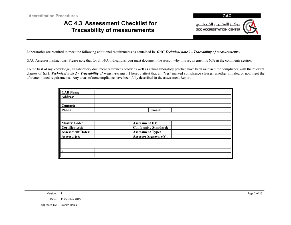 C105 General Checklist: A2la Policy on Meaurement Traceability