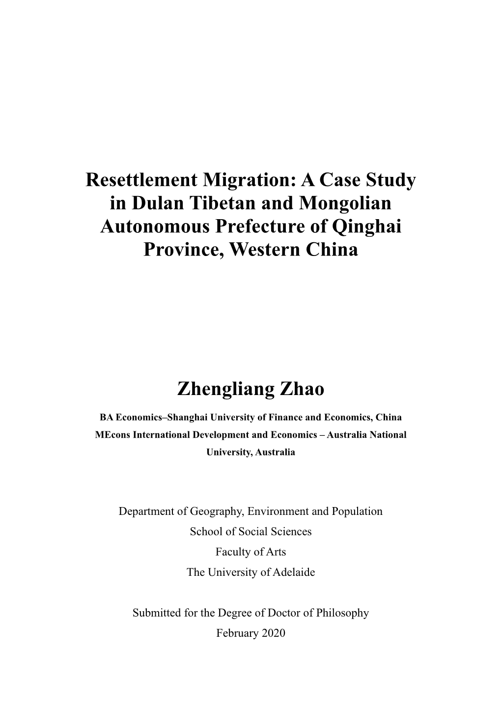 Resettlement Migration: a Case Study in Dulan Tibetan and Mongolian Autonomous Prefecture of Qinghai Province, Western China