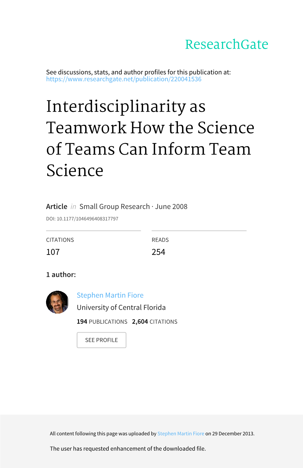 Interdisciplinarity As Teamwork How the Science of Teams Can Inform Team Science