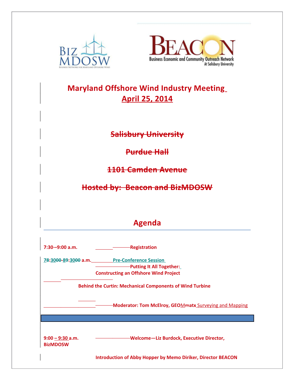 Maryland Offshore Wind Industry Meeting April 25, 2014