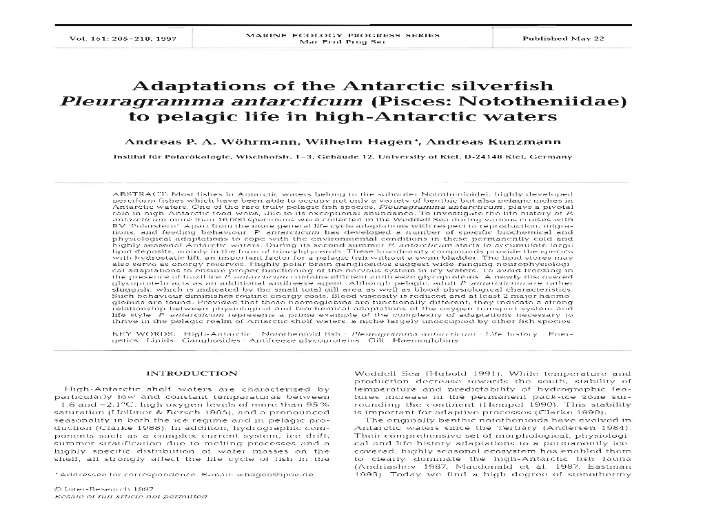 Adaptations of the Antarctic Silverfish Pleuragramma Antarcticum (Pisces: Nototheniidae) to Pelagic Life in High-Antarctic Waters