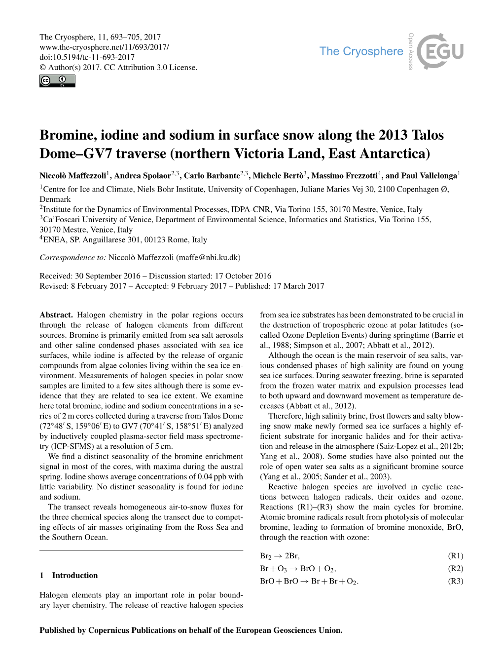 Bromine, Iodine and Sodium in Surface Snow Along the 2013 Talos Dome–GV7 Traverse (Northern Victoria Land, East Antarctica)