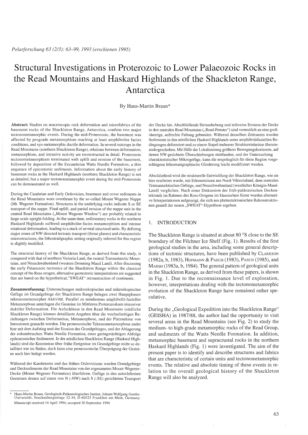 Structural Investigations in Proterozoic to Lower Palaeozoic Rocks in the Read Mountains and Haskard Highlands of the Shackleton Range, Antarctica