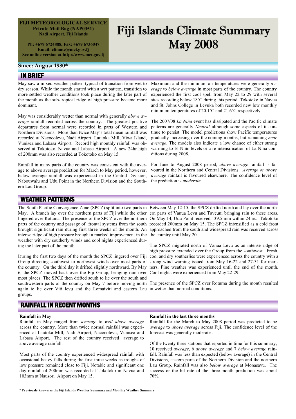 Fiji Islands Climate Summary May 2008