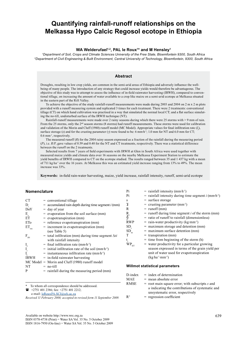 Quantifying Rainfall-Runoff Relationships on the Melkassa Hypo Calcic Regosol Ecotope in Ethiopia