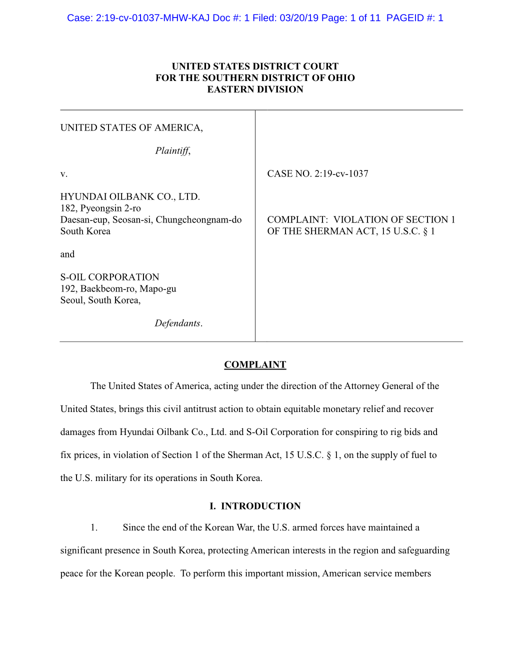 COMPLAINT: VIOLATION of SECTION 1 South Korea of the SHERMAN ACT, 15 U.S.C