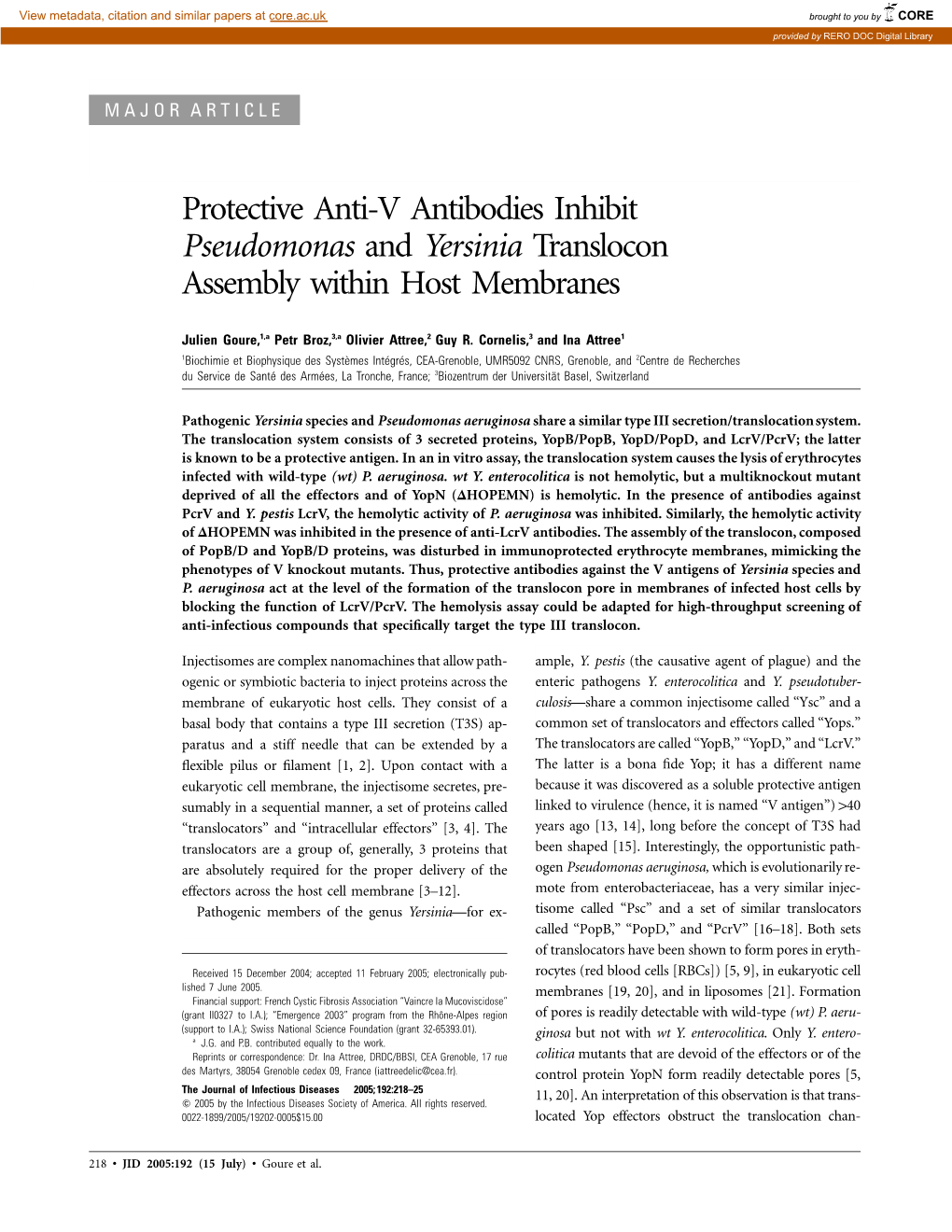 Protective Anti-V Antibodies Inhibit Pseudomonas and Yersinia Translocon Assembly Within Host Membranes