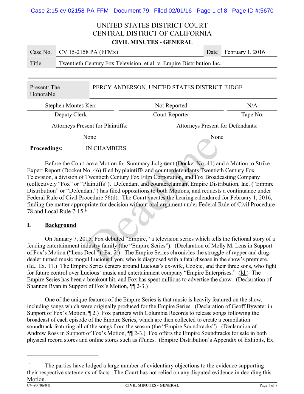 UNITED STATES DISTRICT COURT CENTRAL DISTRICT of CALIFORNIA CIVIL MINUTES - GENERAL Case No