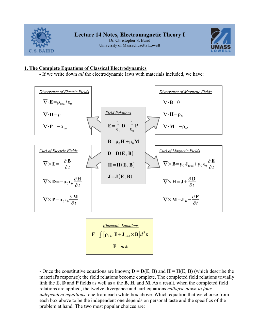 Lecture 14 Notes, Electromagnetic Theory I Dr