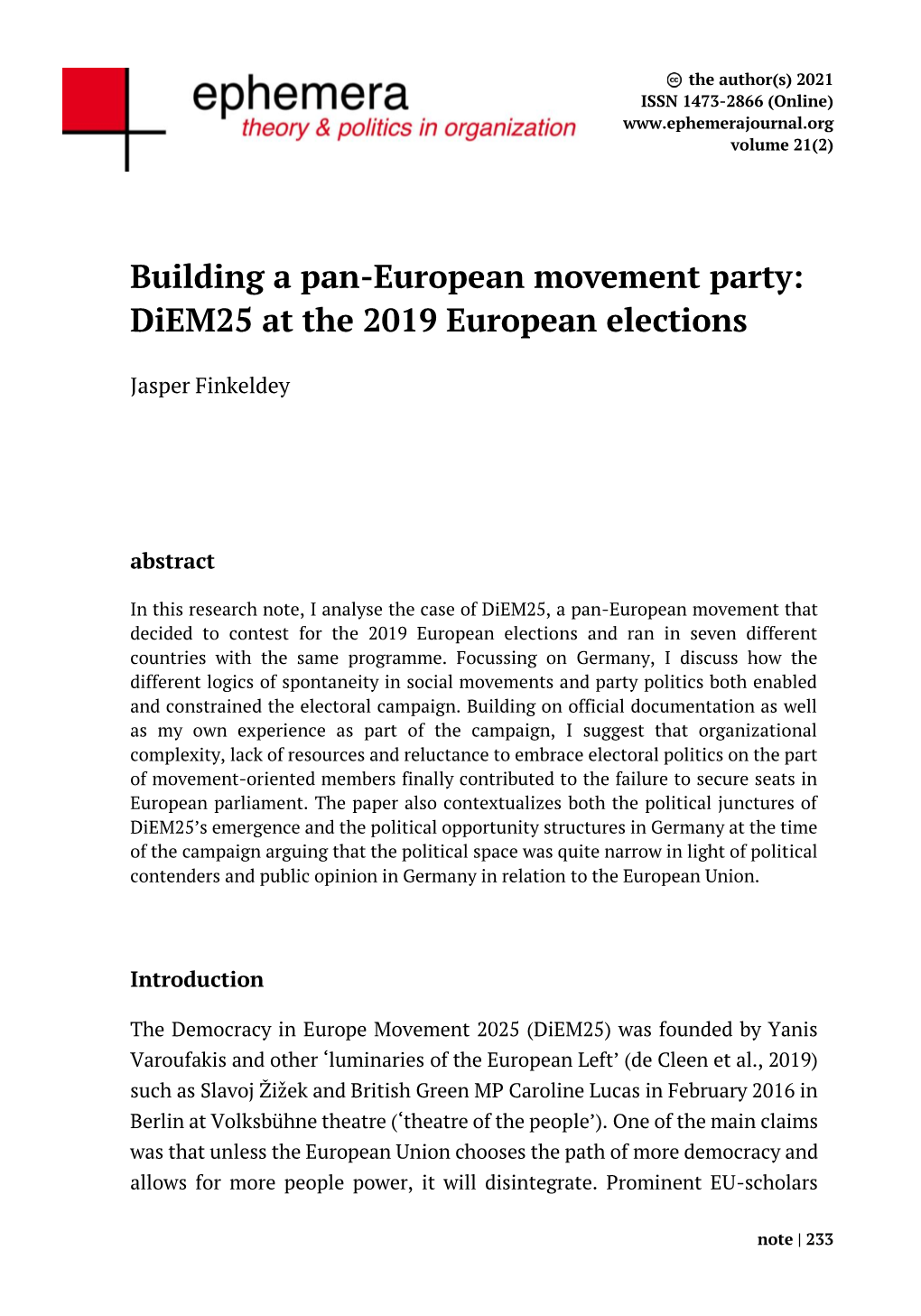 Building a Pan-European Movement Party: Diem25 at the 2019 European Elections