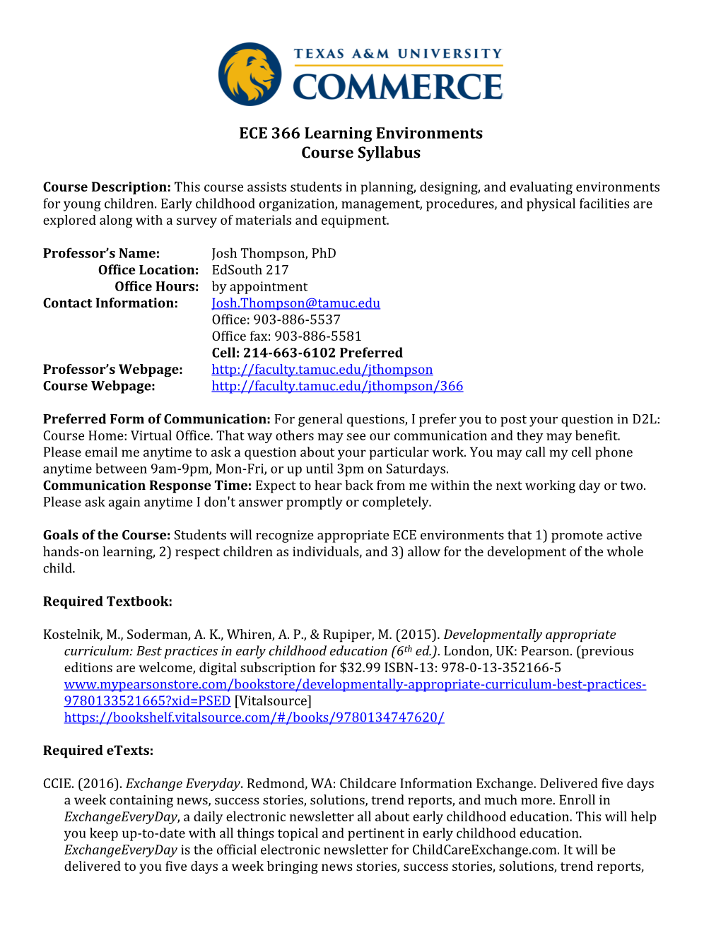 ECE 366 Learning Environments Course Syllabus