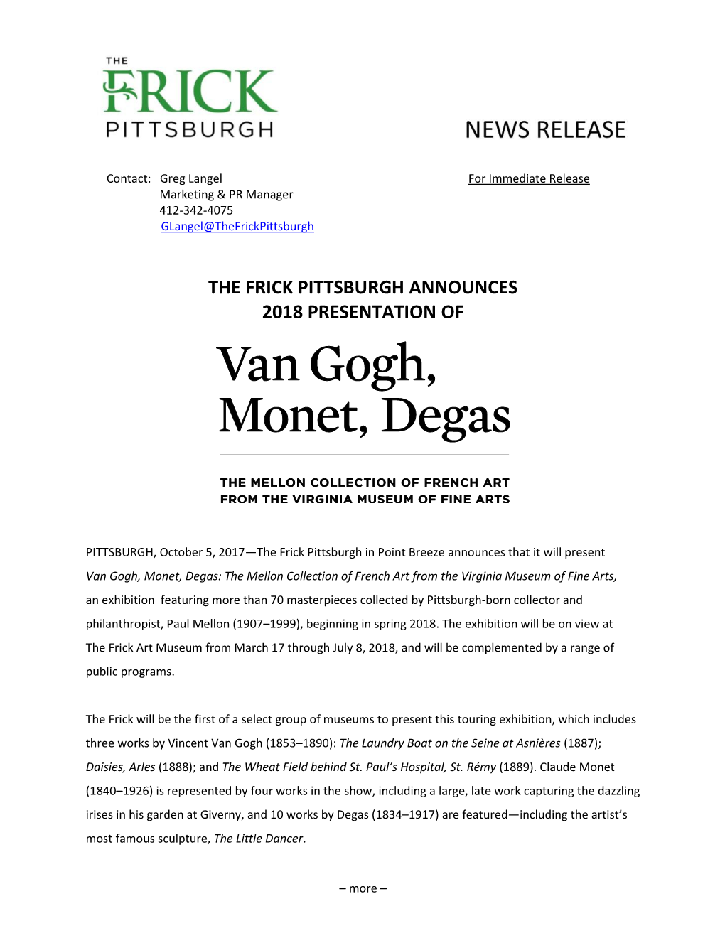 The Frick Pittsburgh Announces 2018 Presentation of Van Gogh, Monet