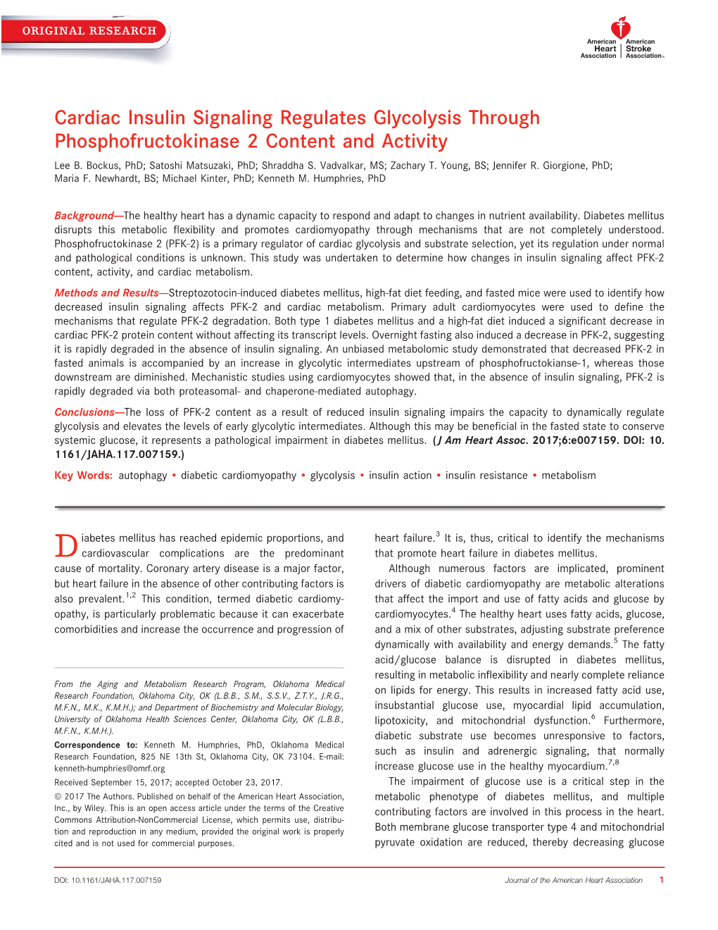 Cardiac Insulin Signaling Regulates Glycolysis Through Phosphofructokinase 2 Content and Activity Lee B