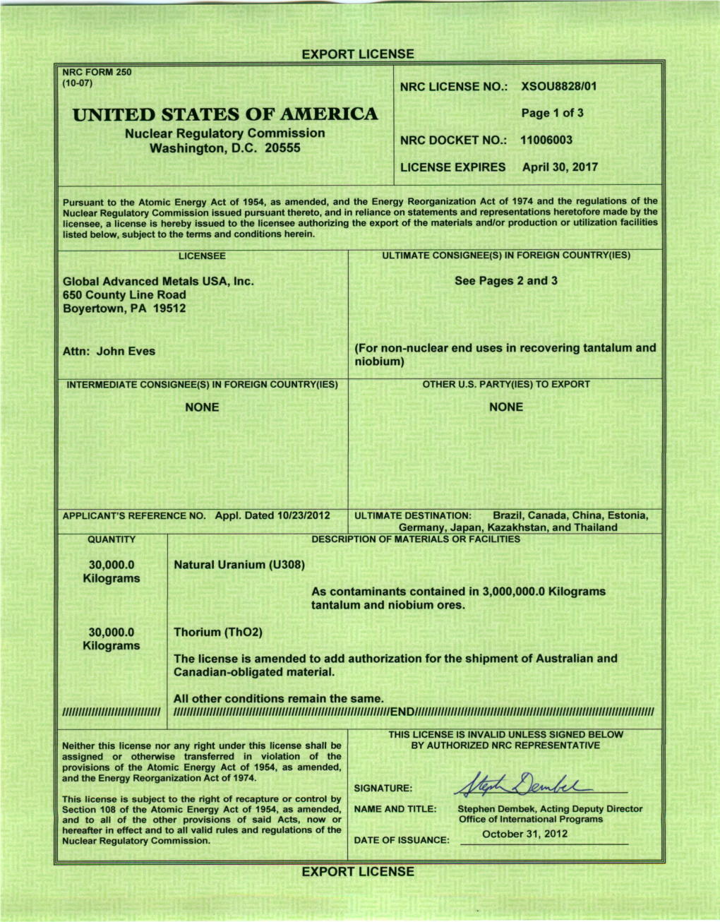 Export License Issued to Global Advanced Metals USA, Inc. October