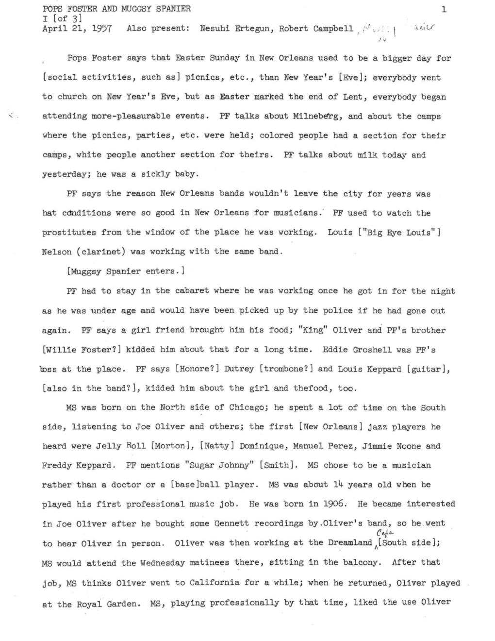 R and MUGGSY SPANIER 1 I [Of 3) April 21, 1957 Al So Present: Nesuhi Ertegun, Robert Campbell , I.J, .· : 1