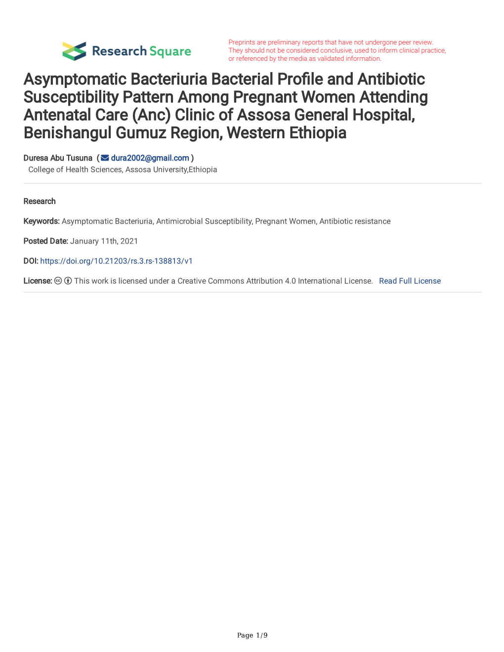 Asymptomatic Bacteriuria Bacterial Pro Le and Antibiotic Susceptibility