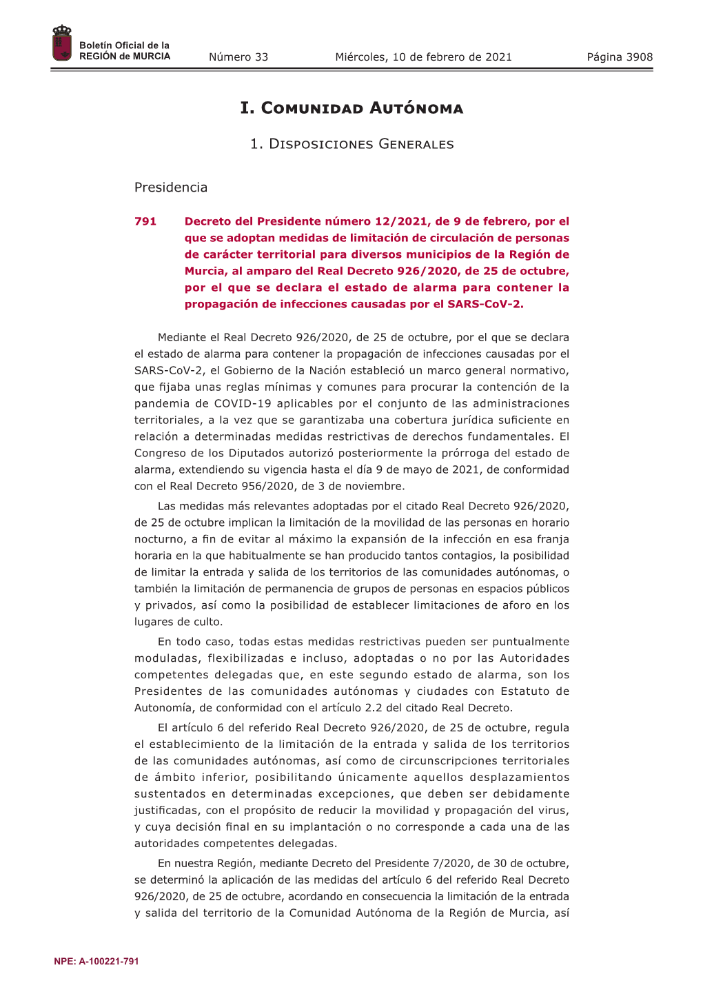 Decreto Del Presidente Número 12/2021, De 9 De Febrero, Por El