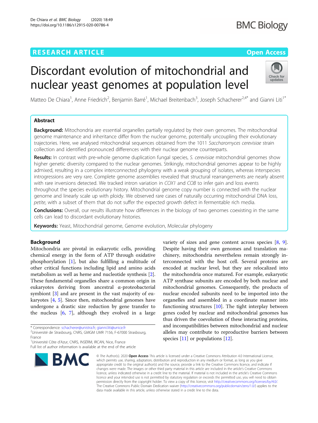 Discordant Evolution of Mitochondrial and Nuclear Yeast Genomes At