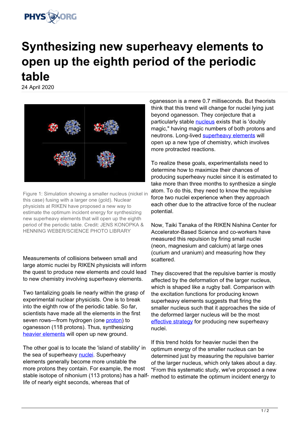 Synthesizing New Superheavy Elements to Open up the Eighth Period of the Periodic Table 24 April 2020