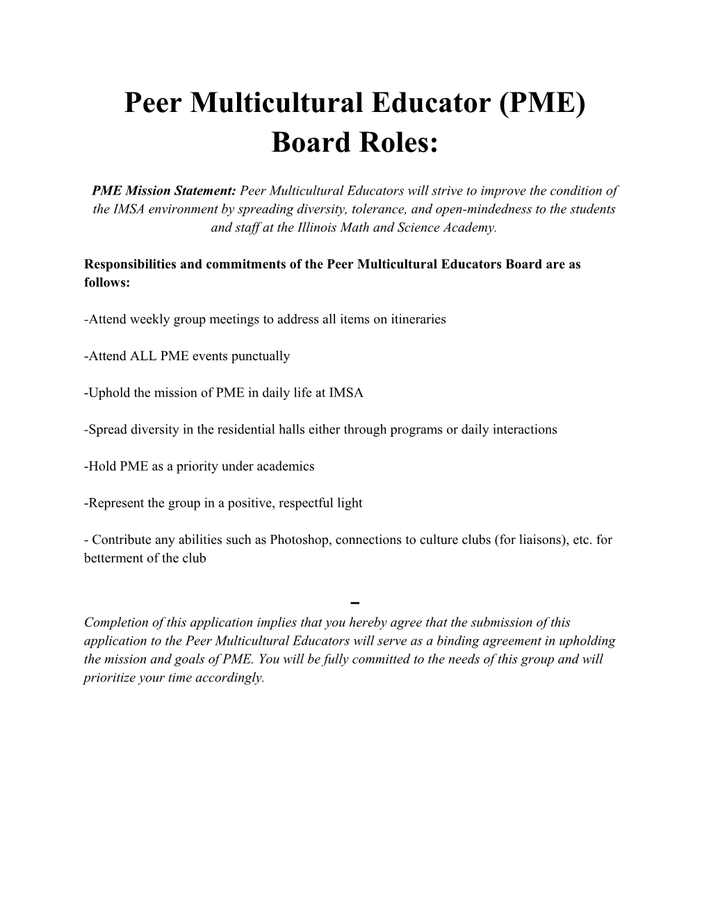 Peer Multicultural Educator (PME) Board Roles