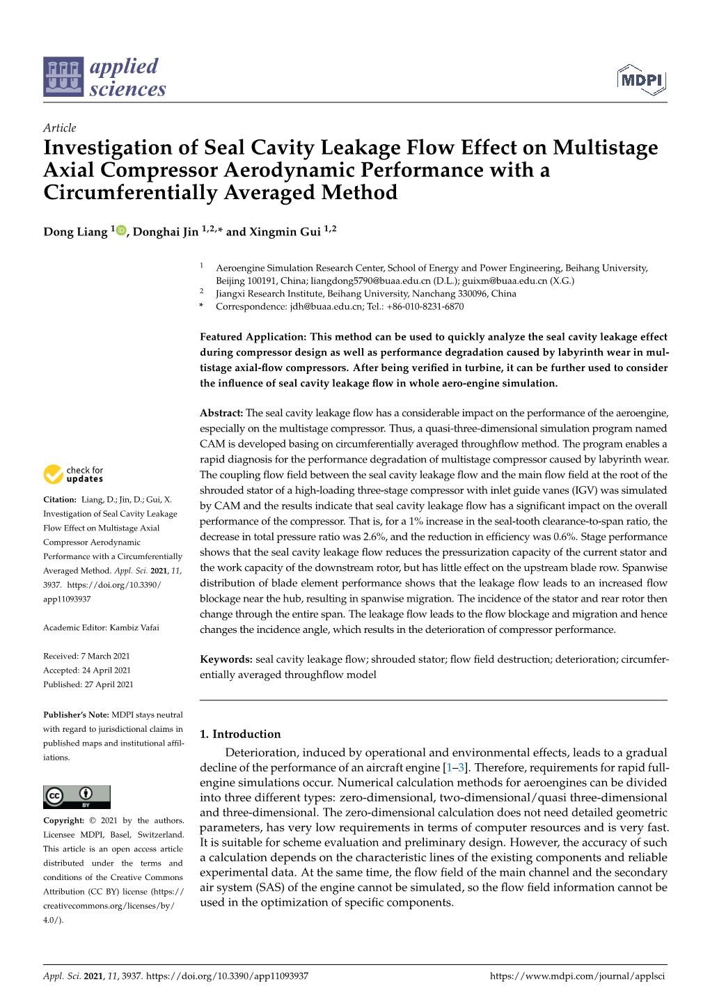 Investigation of Seal Cavity Leakage Flow Effect on Multistage Axial Compressor Aerodynamic Performance with a Circumferentially Averaged Method