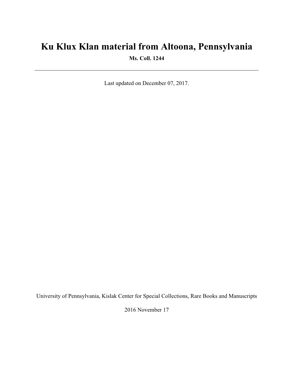 Ku Klux Klan Material from Altoona, Pennsylvania Ms