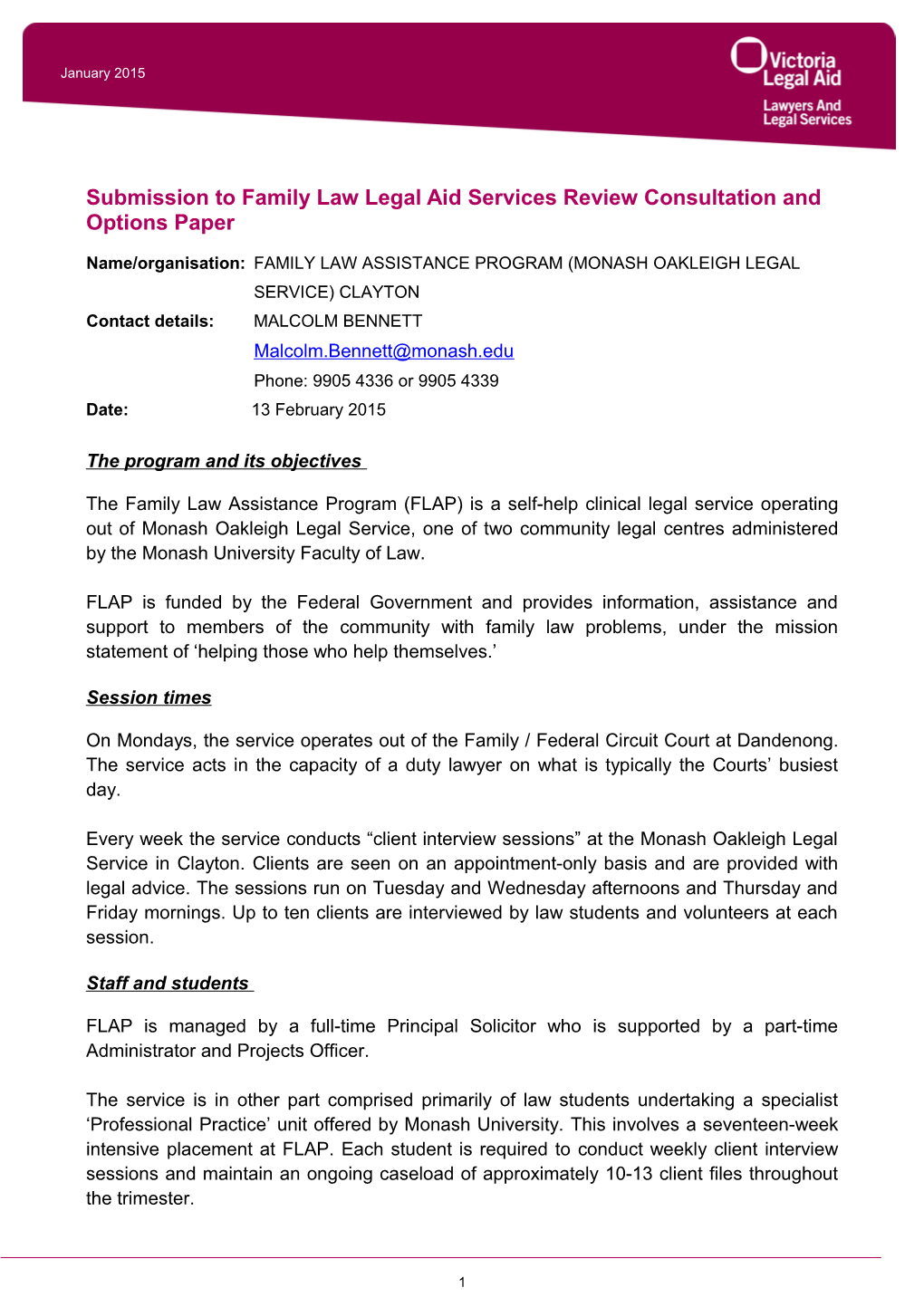 Submission Form for Family Law Legal Aid Services Review Consultation and Options Paper