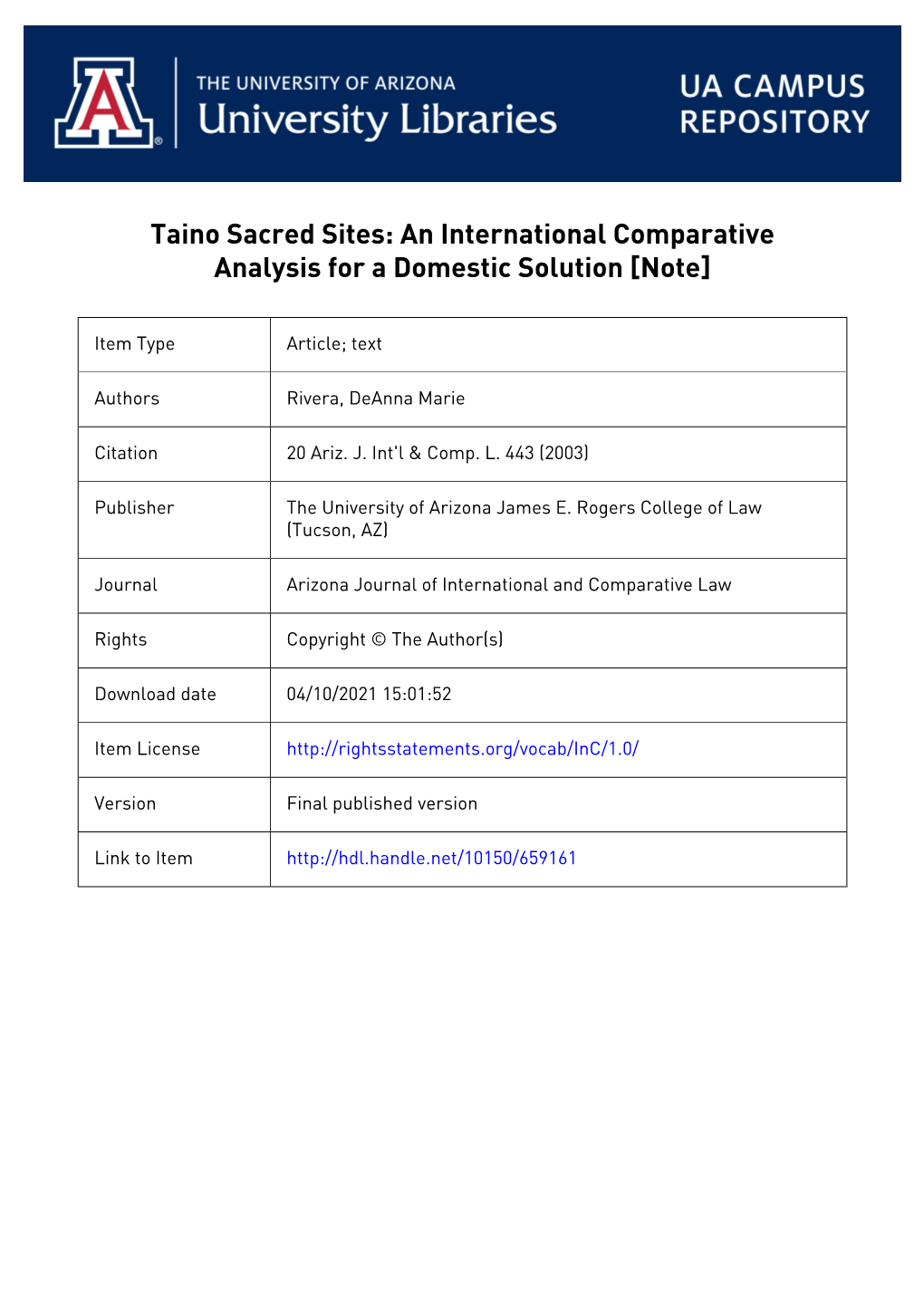 Taino Sacred Sites: an International Comparative Analysis for a Domestic Solution [Note]