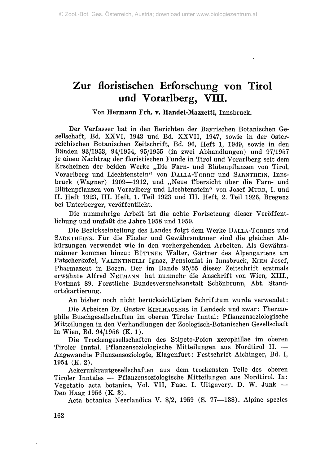 Zur Floristischen Erforschung Von Tirol Und Vorarlberg, VIII. Von Hermann Frh