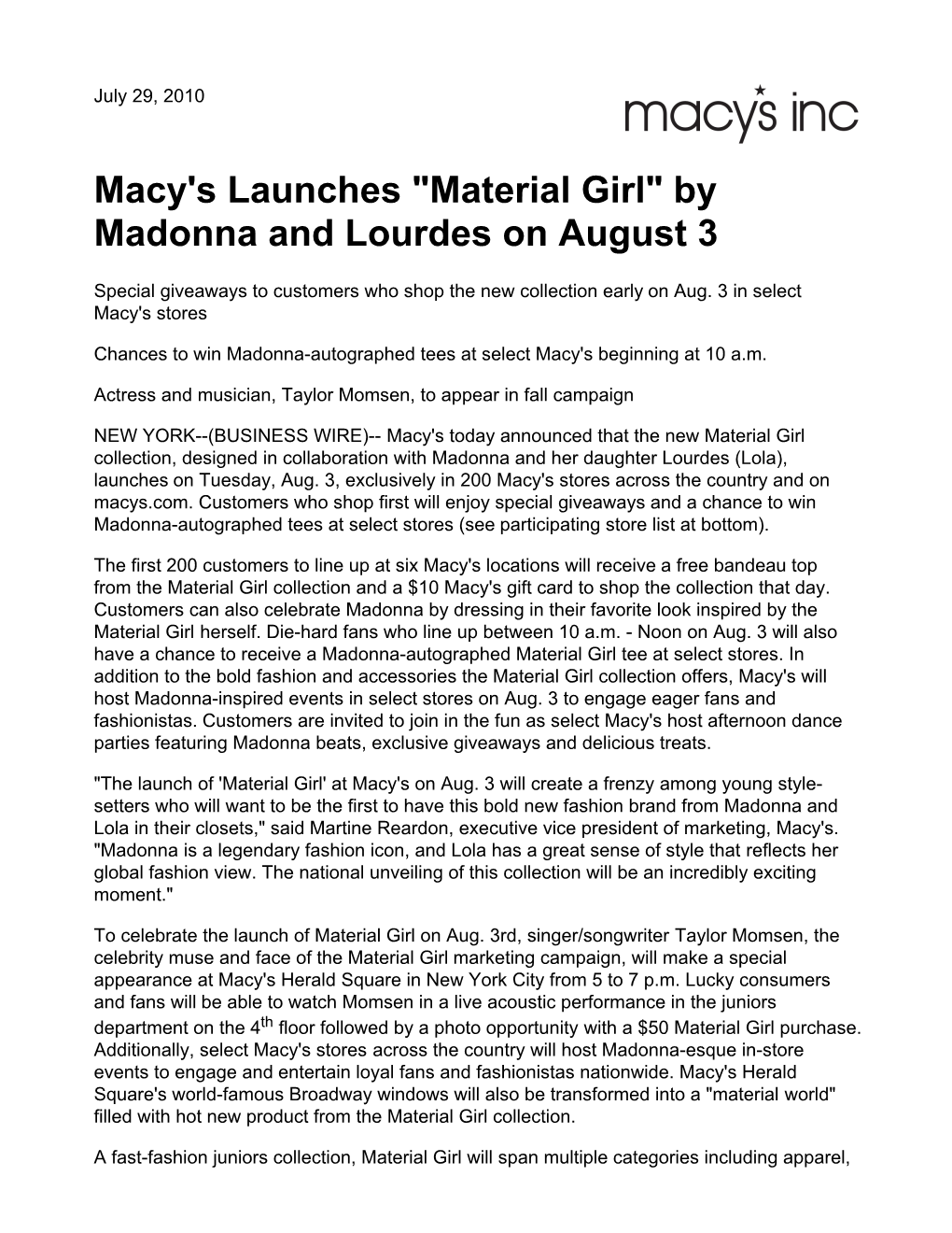 Macy's Launches "Material Girl" by Madonna and Lourdes on August 3