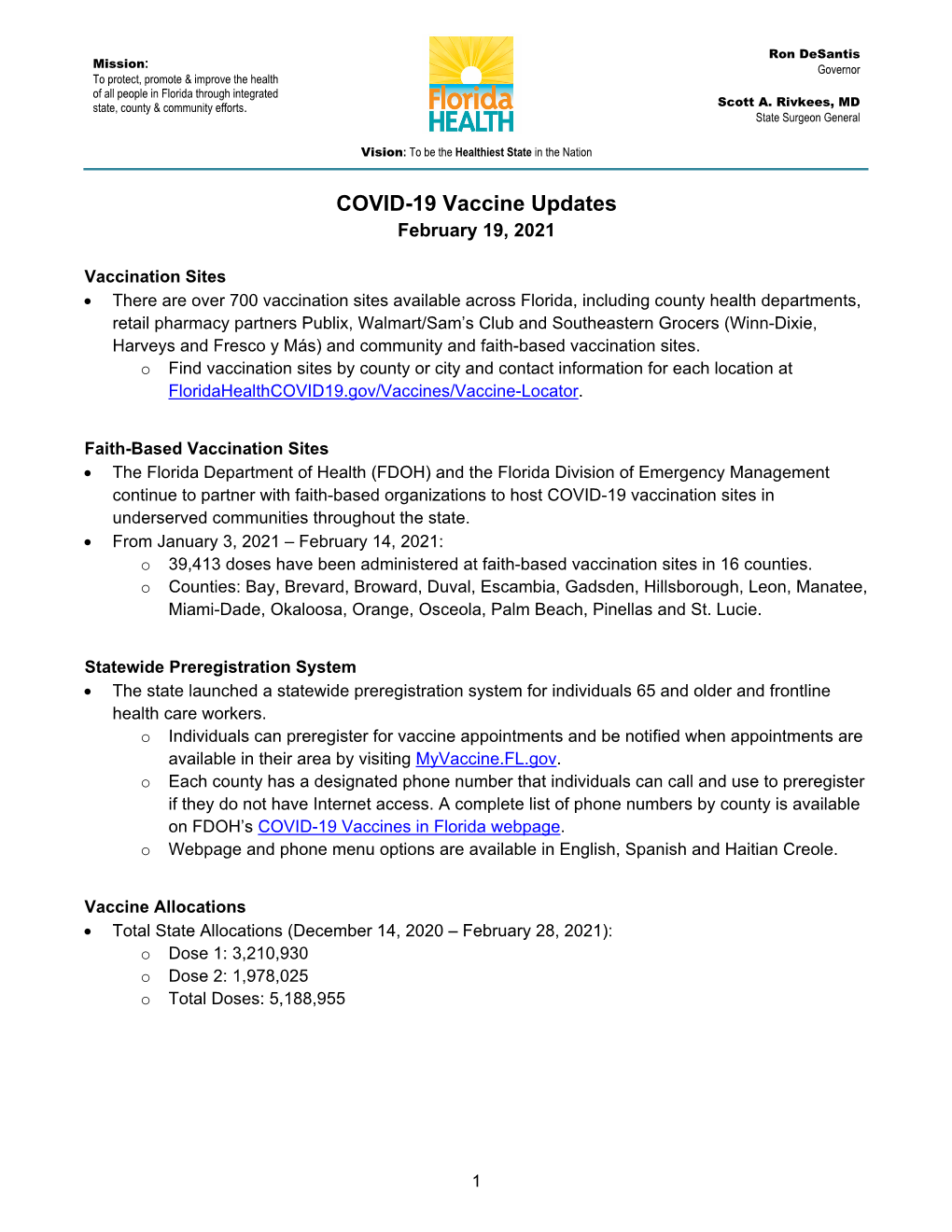 FDOH COVID-19 Vaccine Updates 2-19-21