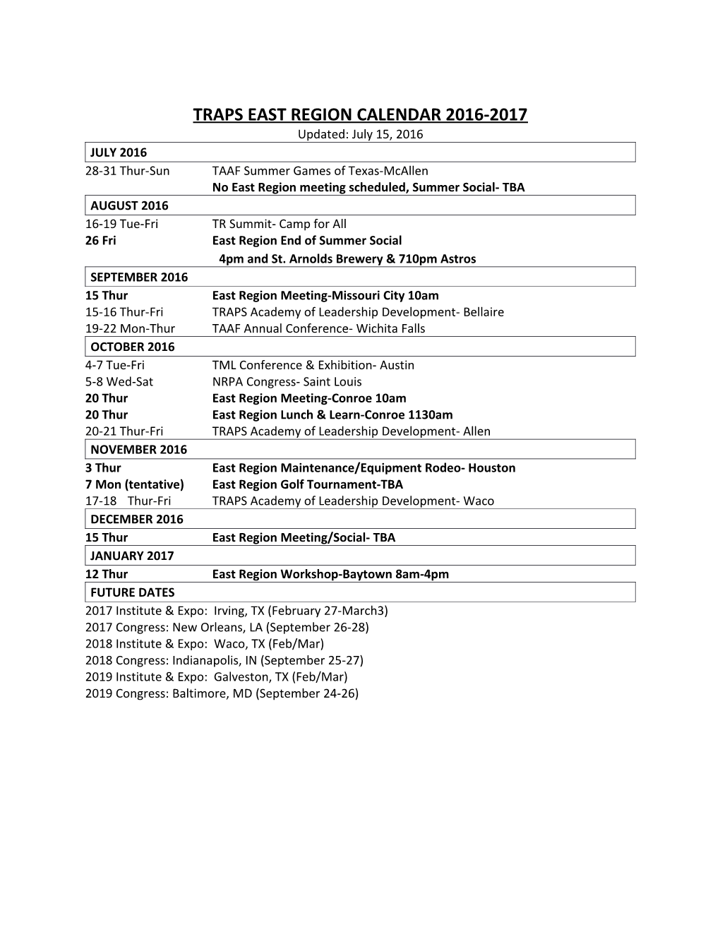 Traps East Region Calendar 2016-2017