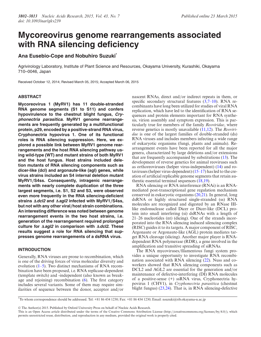 Mycoreovirus Genome Rearrangements Associated with RNA Silencing Deﬁciency Ana Eusebio-Cope and Nobuhiro Suzuki*