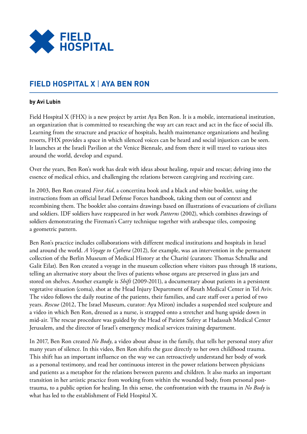 FIELD HOSPITAL X | Text by Avi Lubin