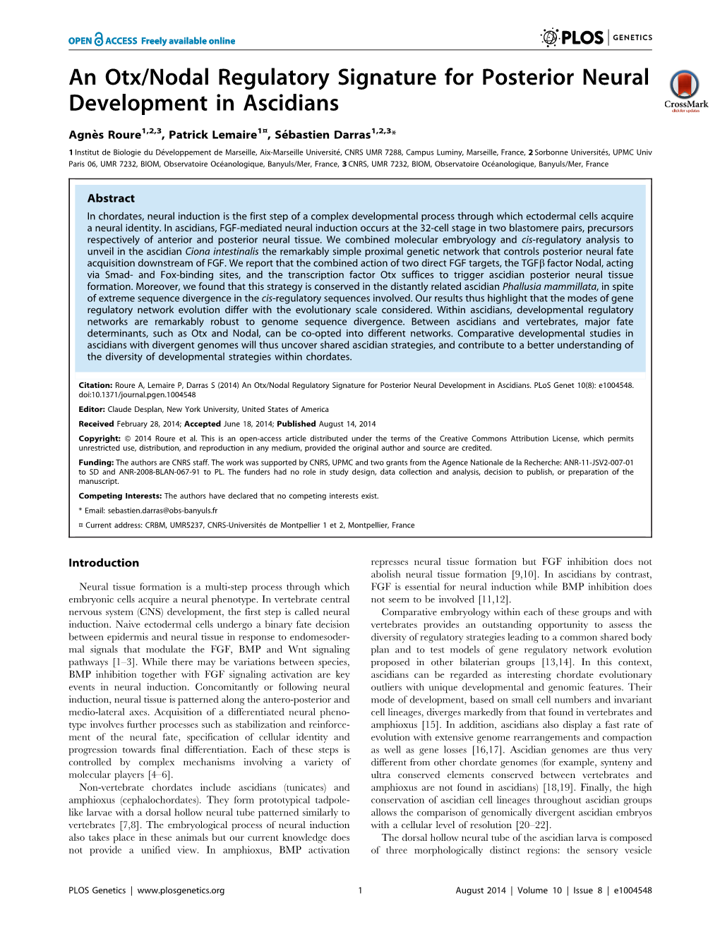 An Otx/Nodal Regulatory Signature for Posterior Neural Development in Ascidians